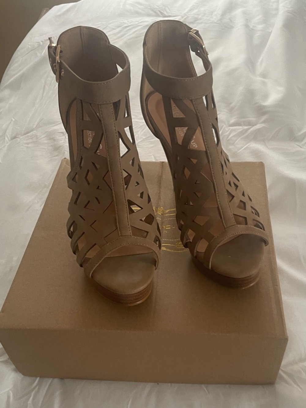 Women's Taupe Laser-Cut High Heel Sandals with Ankle Strap